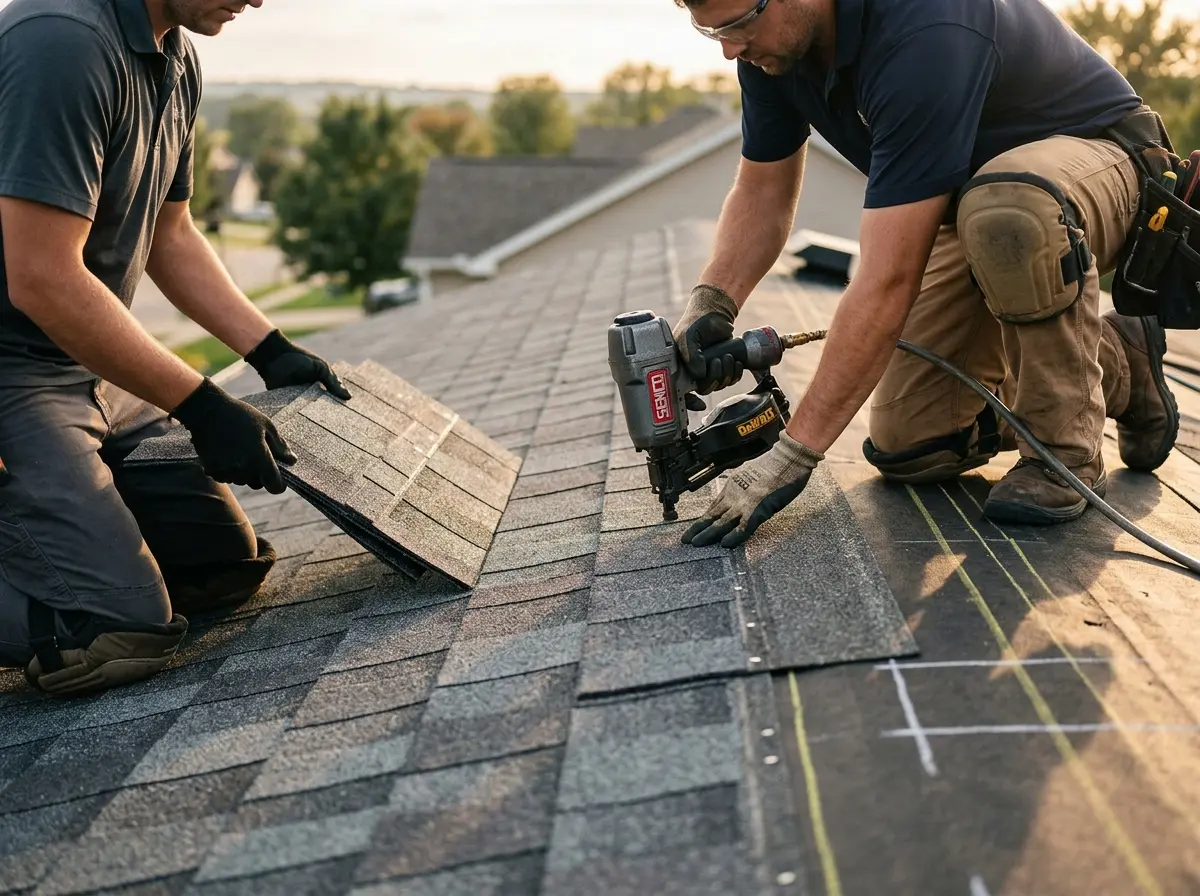 Professional roofer working on a residential roof in Waynesville